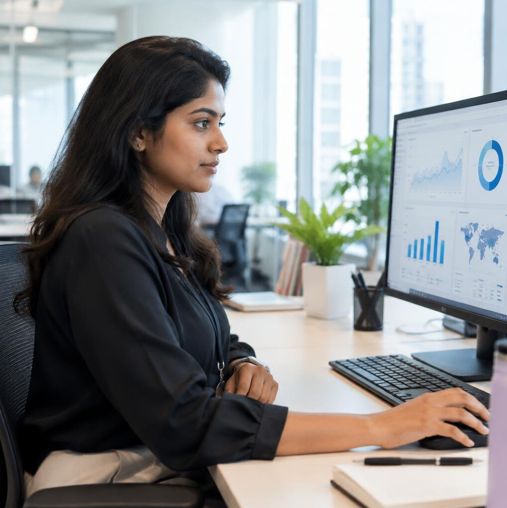 Malaysian insurance data analyst reviewing charts on a monitor