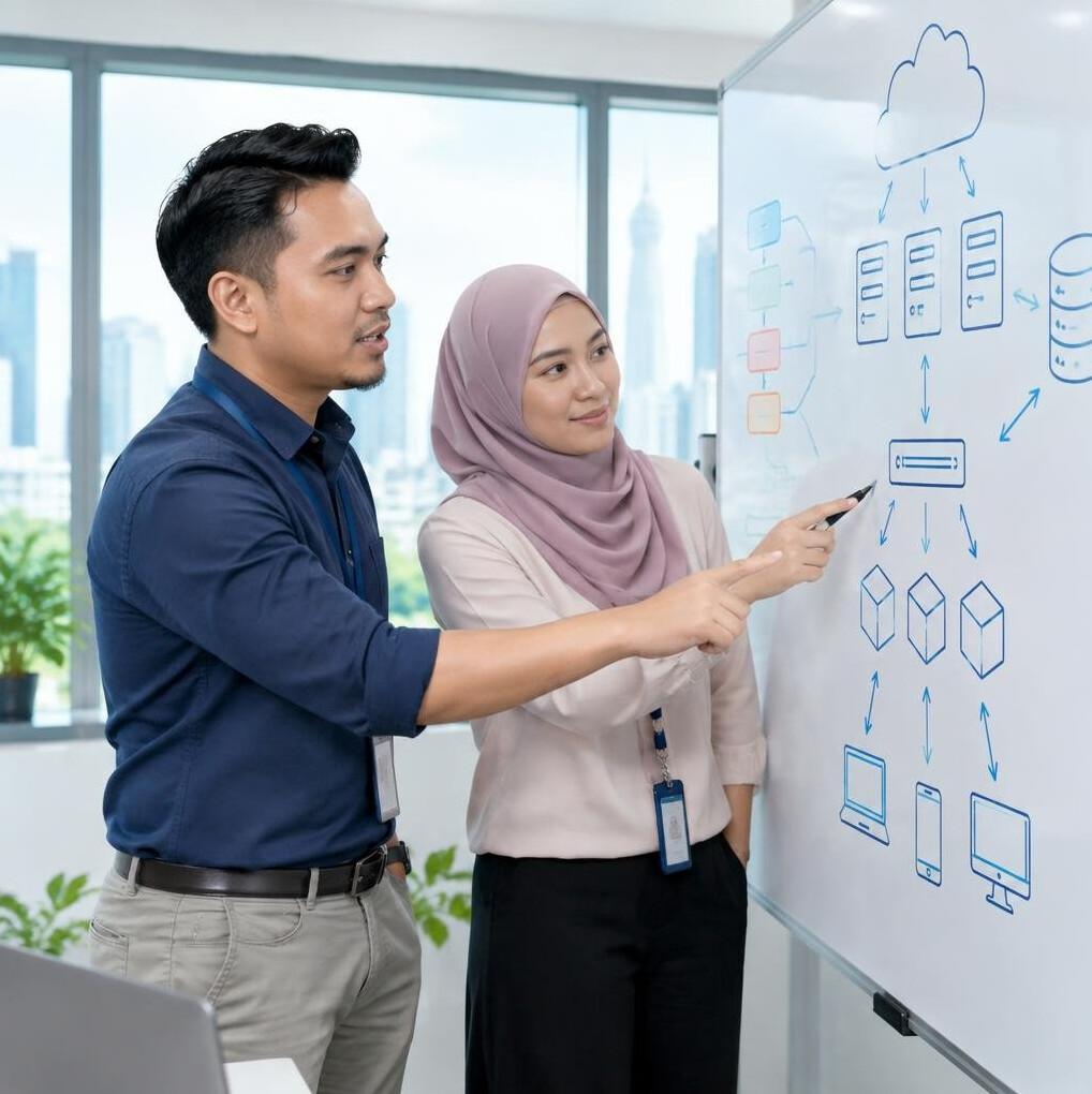 Small team of engineers discussing a system diagram on a whiteboard