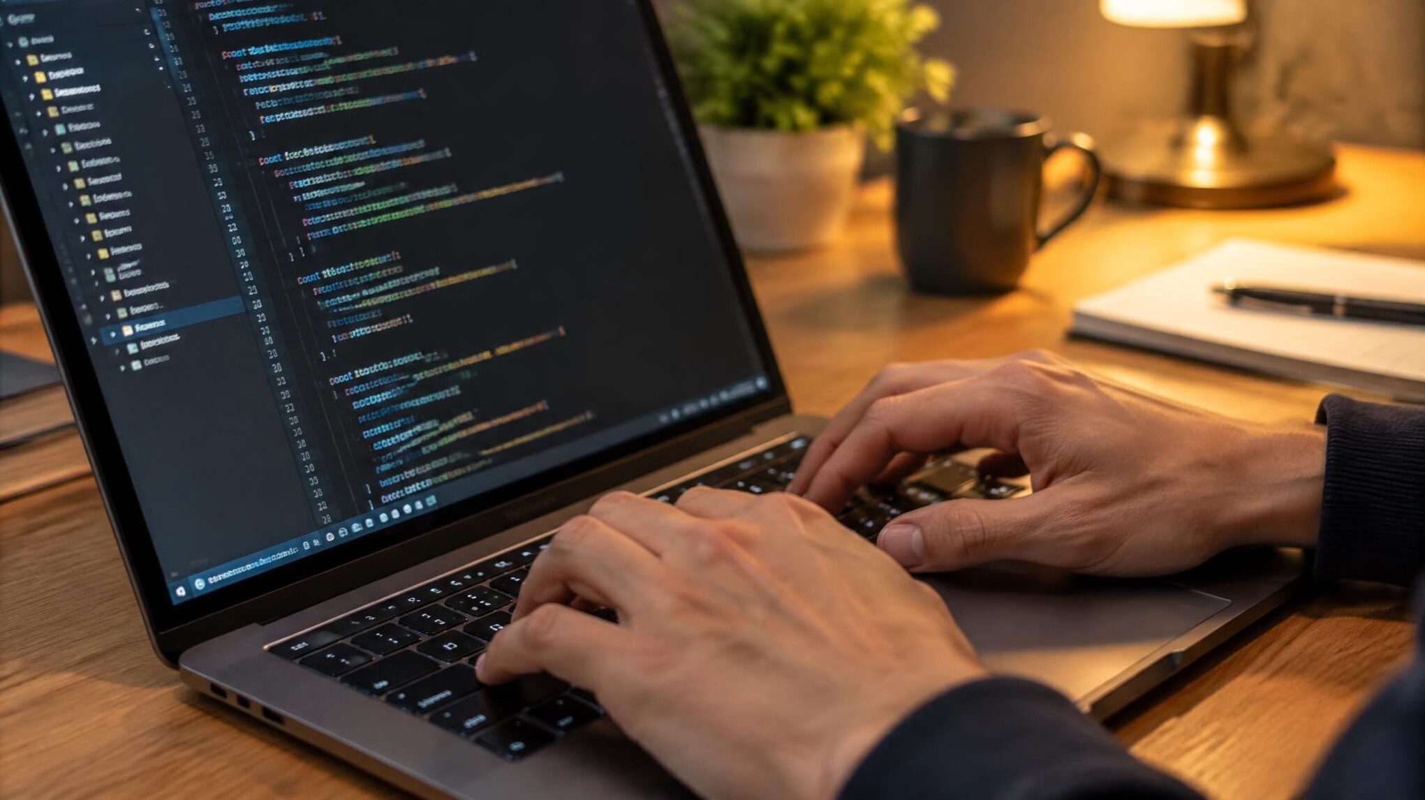 Close-up of hands typing on a laptop showing lines of code