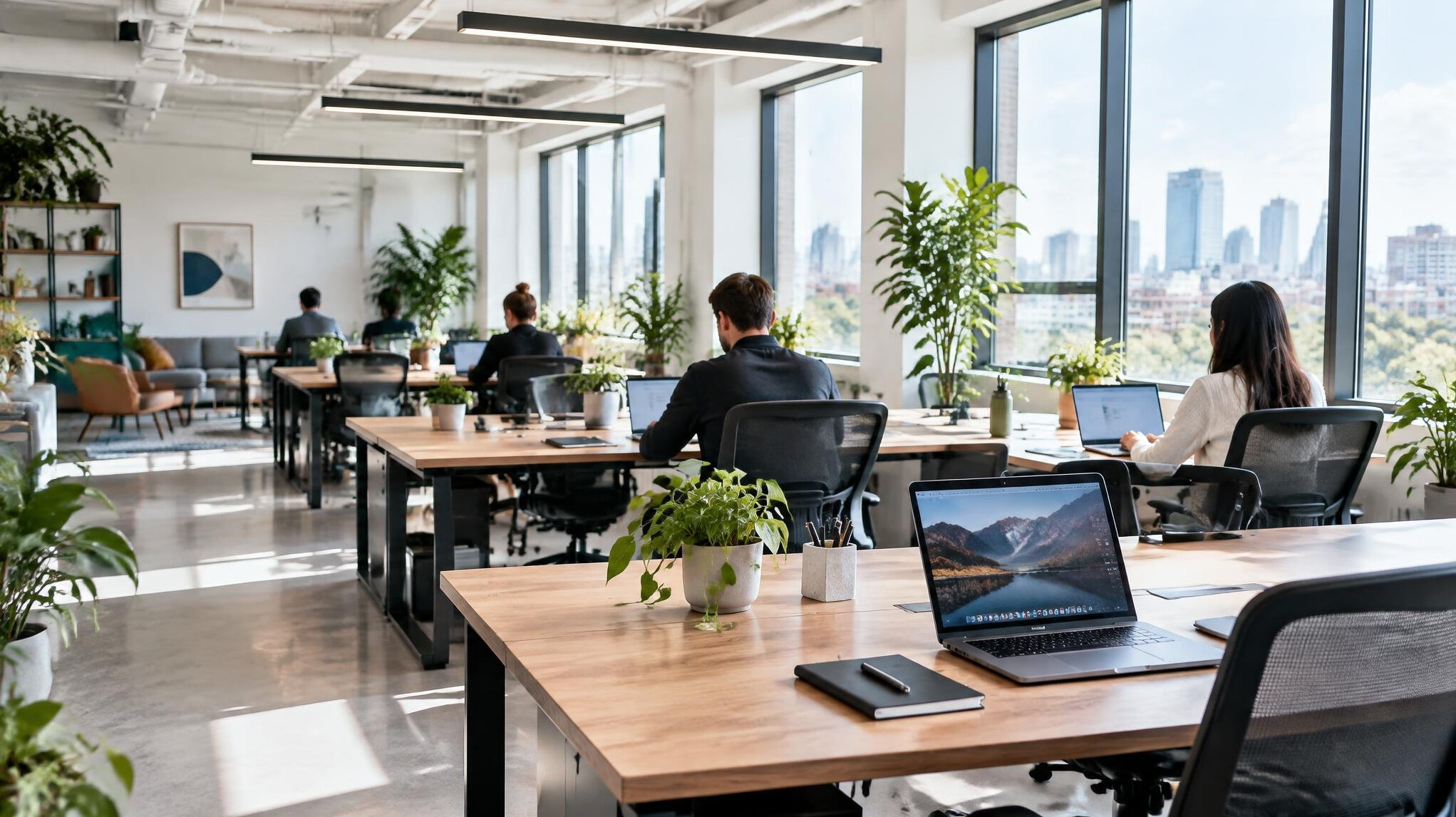 Bright open-plan office workspace with desks and laptops